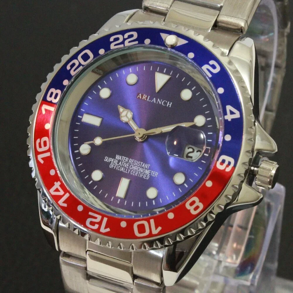 Men's Diver Style Watch Pepsi Bezel Stainless Bracelet 40mm